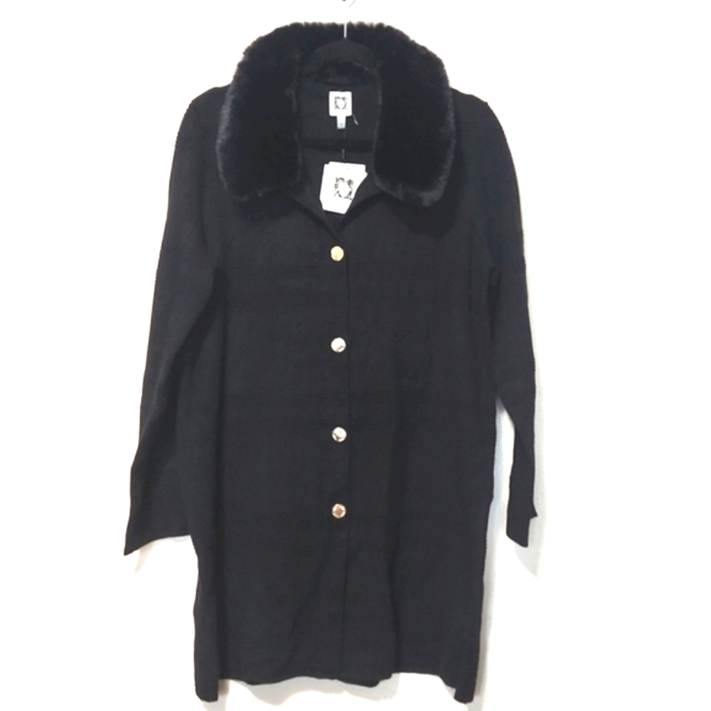Anne Klein Black Long Sweater Coat with Faux Fur Collar